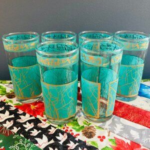 6 Aqua and Gold Tumblers  MCM Turquoise with Gold Crackle Tree seeds leaves